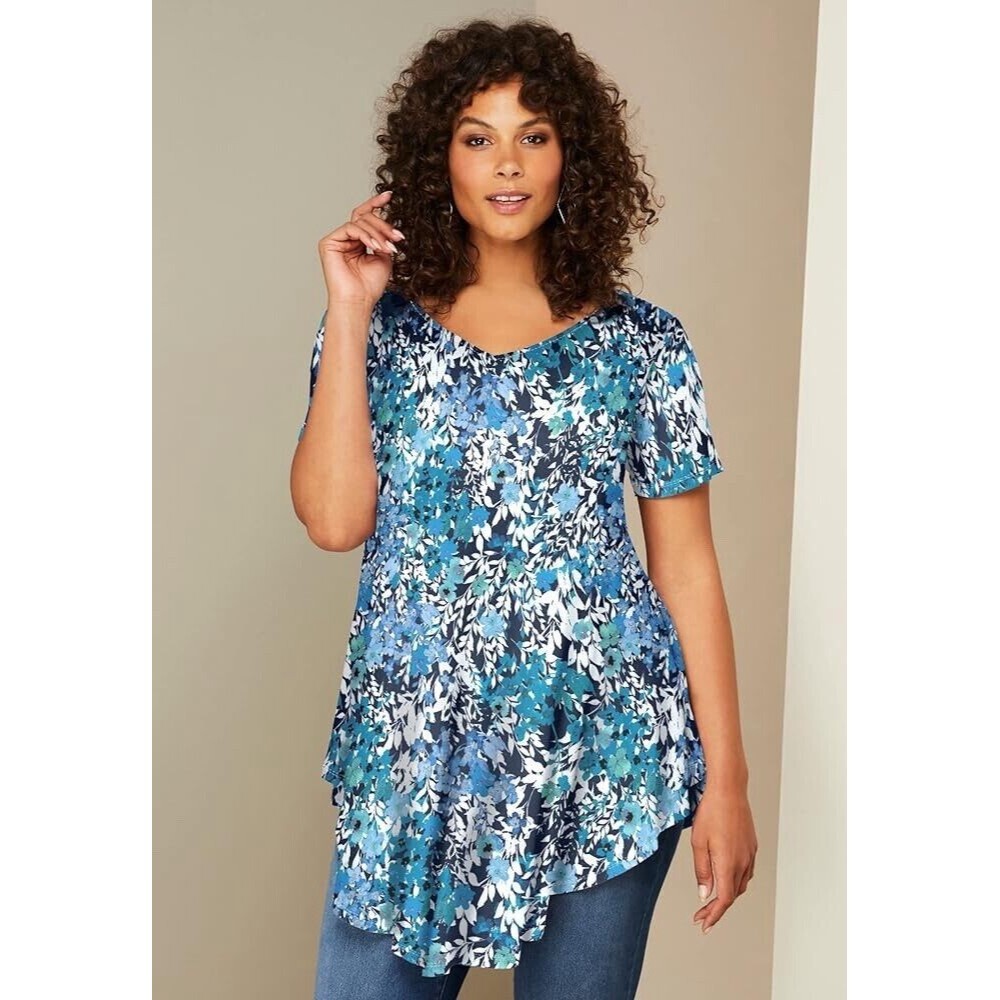 Roaman's Women's Plus Size L‎ 18/20 Swing Ultra Tunic Top Shirt Blue Floral